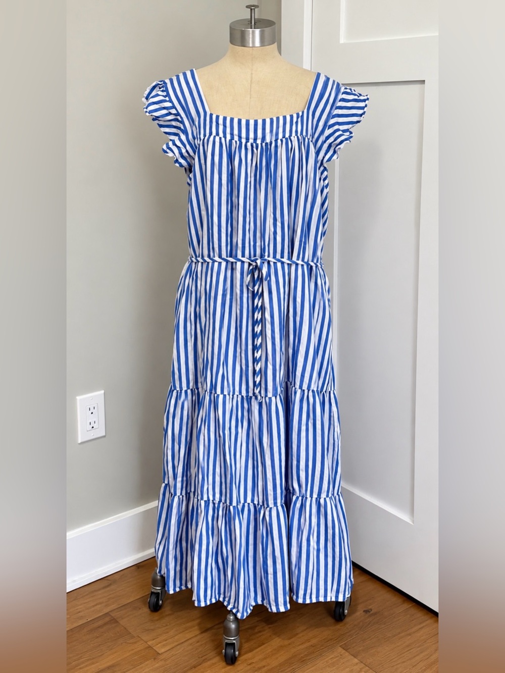 Draper James Blue and White Striped Tiered Maxi Dress